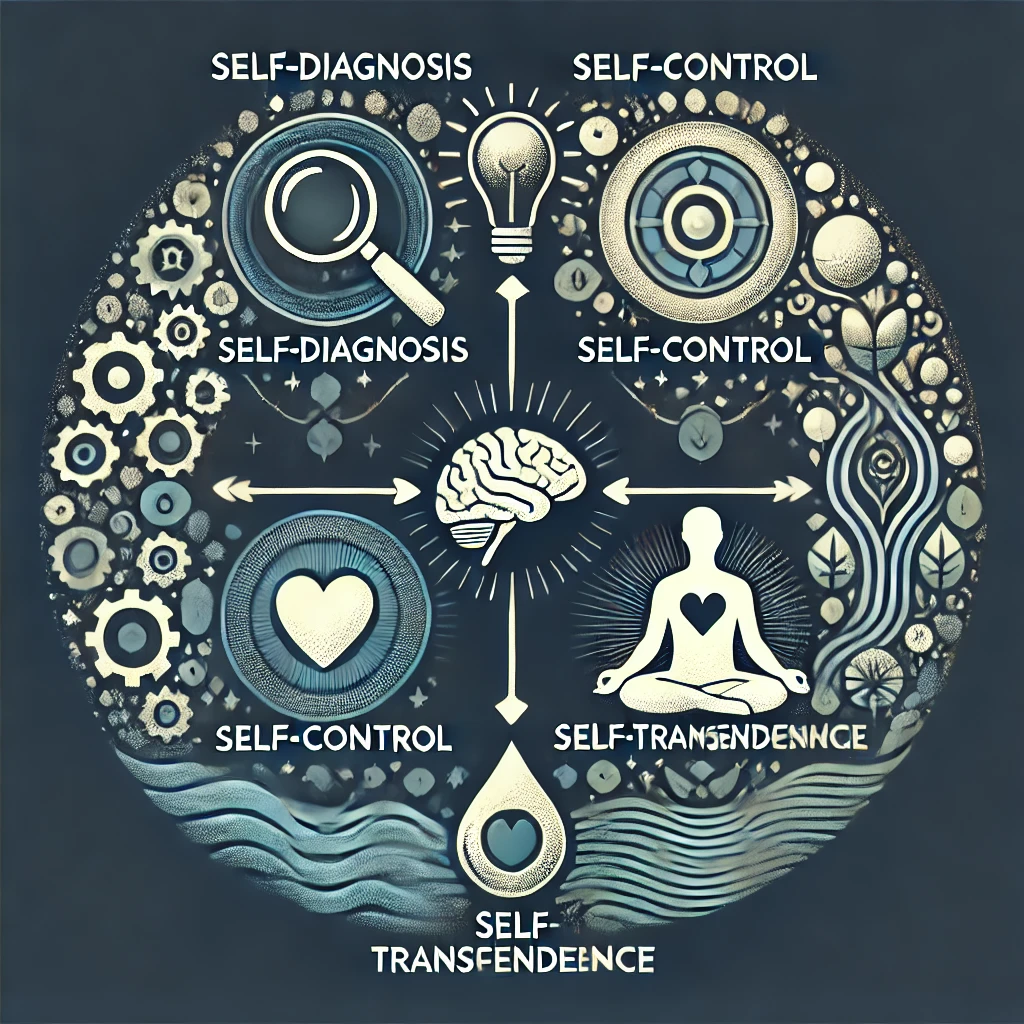 Visual representation of the four stages of true change: Self-Diagnosis, Self-Control, Self-Transcendence, Self-Flow, with symbols representing each stage. True Change, Four Stages, Self-Improvement, Personal Growth, Sustainable Transformation