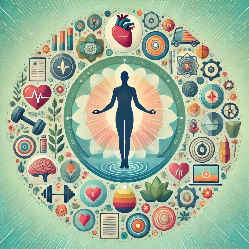 Holistic Health, Well-being, Balanced Life, Mind-Body Connection, Healthy Living.
A vibrant illustration showcasing different aspects of holistic health, including physical fitness, mental clarity, social connection, financial stability, and environmental wellness.