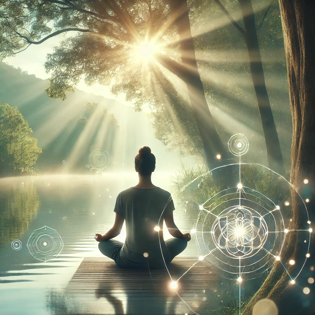 "A person meditating peacefully in nature, symbolizing spiritual connection and inner peace."