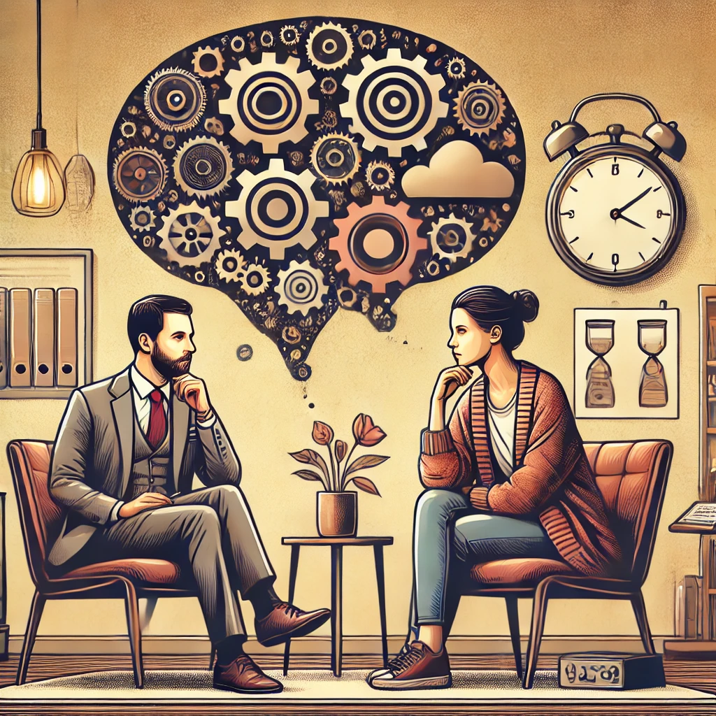 A therapist listens attentively to a reflective client in a cozy, calming office, with abstract thought bubbles and gears symbolizing the decoding of emotions and thoughts. Psychological Counseling, Effective Communication, Decoding Thoughts, Therapy, Therapist