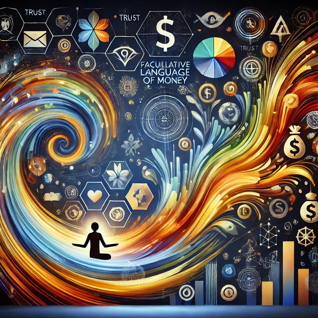 Abstract representation of the facilitative language of money, with symbols of abundance, wealth, trust, and generosity in a harmonious flow of vibrant colors. Facilitative language of money, wealth mindset, abundance, financial success