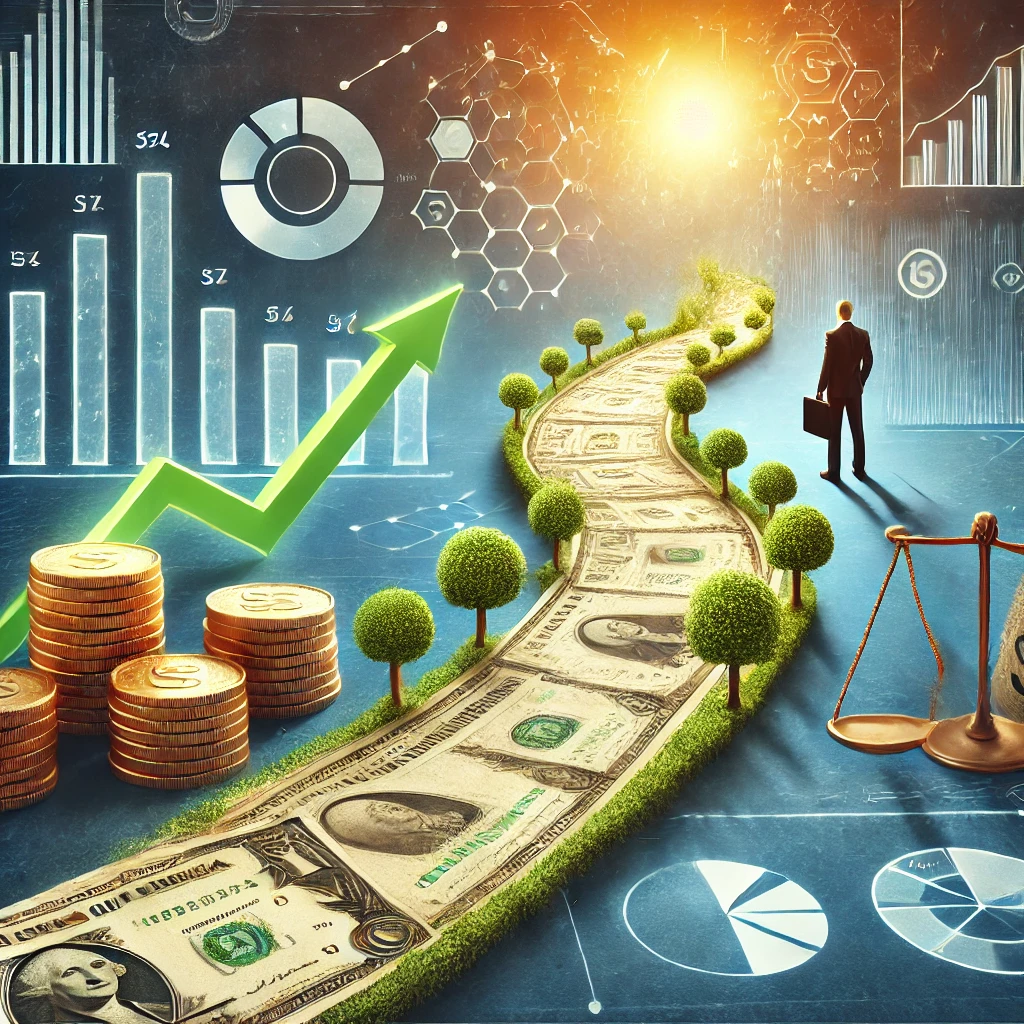 A conceptual image of a path made of money, leading towards financial growth symbols like coins, investment charts, and green arrows, representing wealth and stability.
Financial Intention, Wealth, Stability, Path to Prosperity