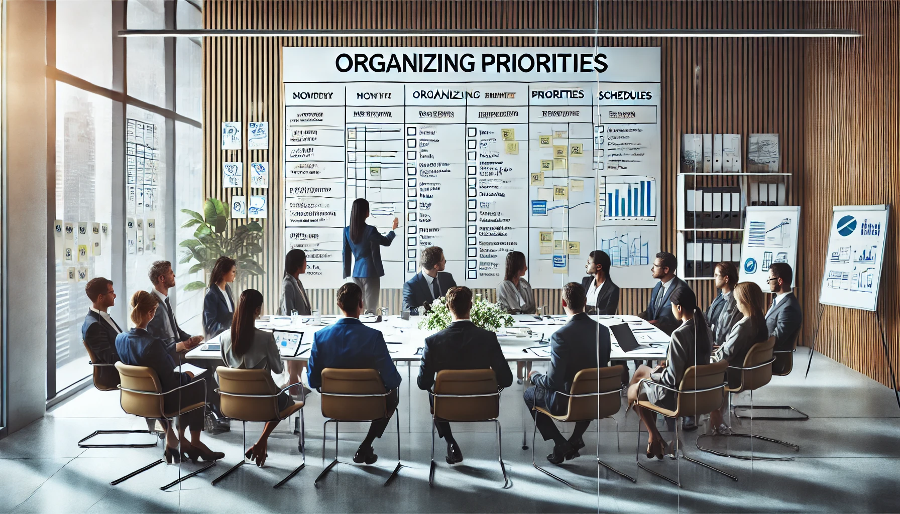 A diverse group of professionals around a conference table, organizing priorities with charts, sticky notes, and schedules in a well-lit modern office space.
Prioritizing Professional Tasks
Professional Growth
Organizational Success
Team Collaboration