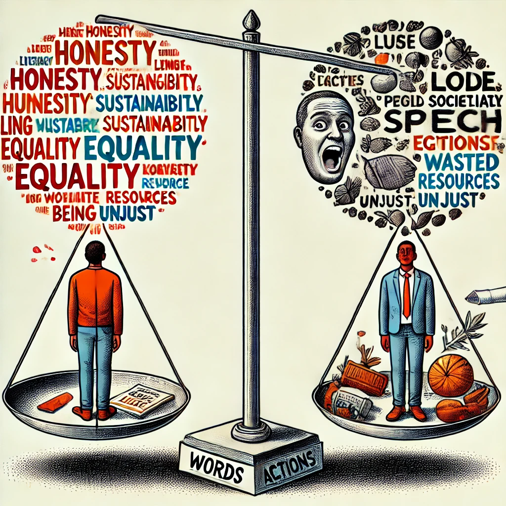  Illustration showing the imbalance between words and actions, with a person’s speech bubble filled with positive ideals like 'honesty', 'sustainability', and 'equality', while their actions show contradictory behaviors, symbolizing personal and societal schizophrenia.
imbalance between words and actions, personal and societal schizophrenia, cognitive dissonance