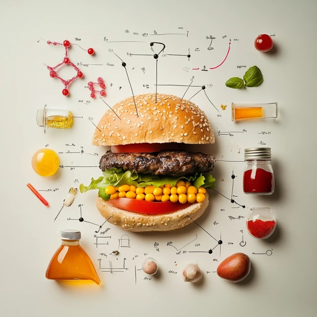 "An educational visual representation of food chemistry, featuring various foods and molecular structures to demonstrate the science behind what we eat."
Food Chemistry
Science of Food
Food Composition
Molecular Food Science