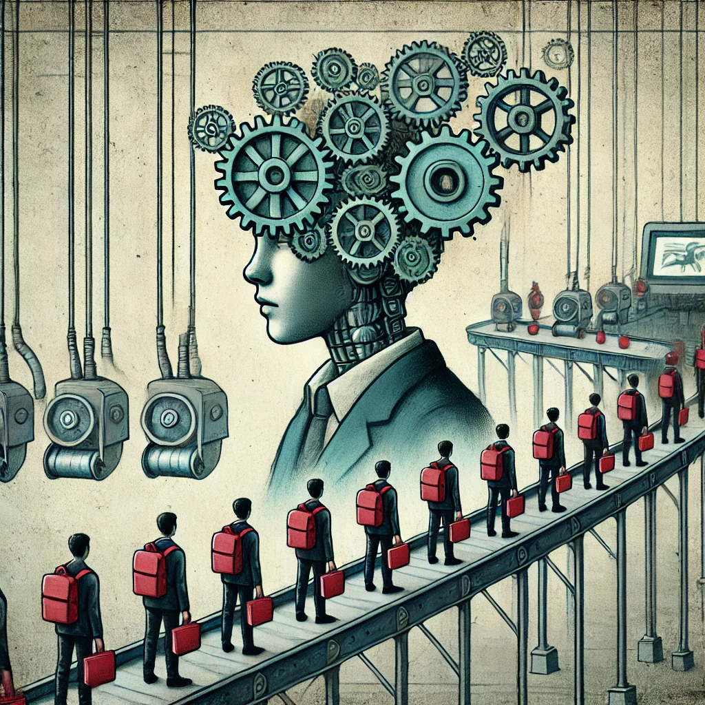 A student with robotic gears in their head sitting in a classroom, symbolizing how the education system programs students for the workforce. A conveyor belt in the background processes students like factory workers.
Education system flaws
School programming minds
Independent thinking
Workforce training in schools
Breaking free from traditional education
Critical thinking education