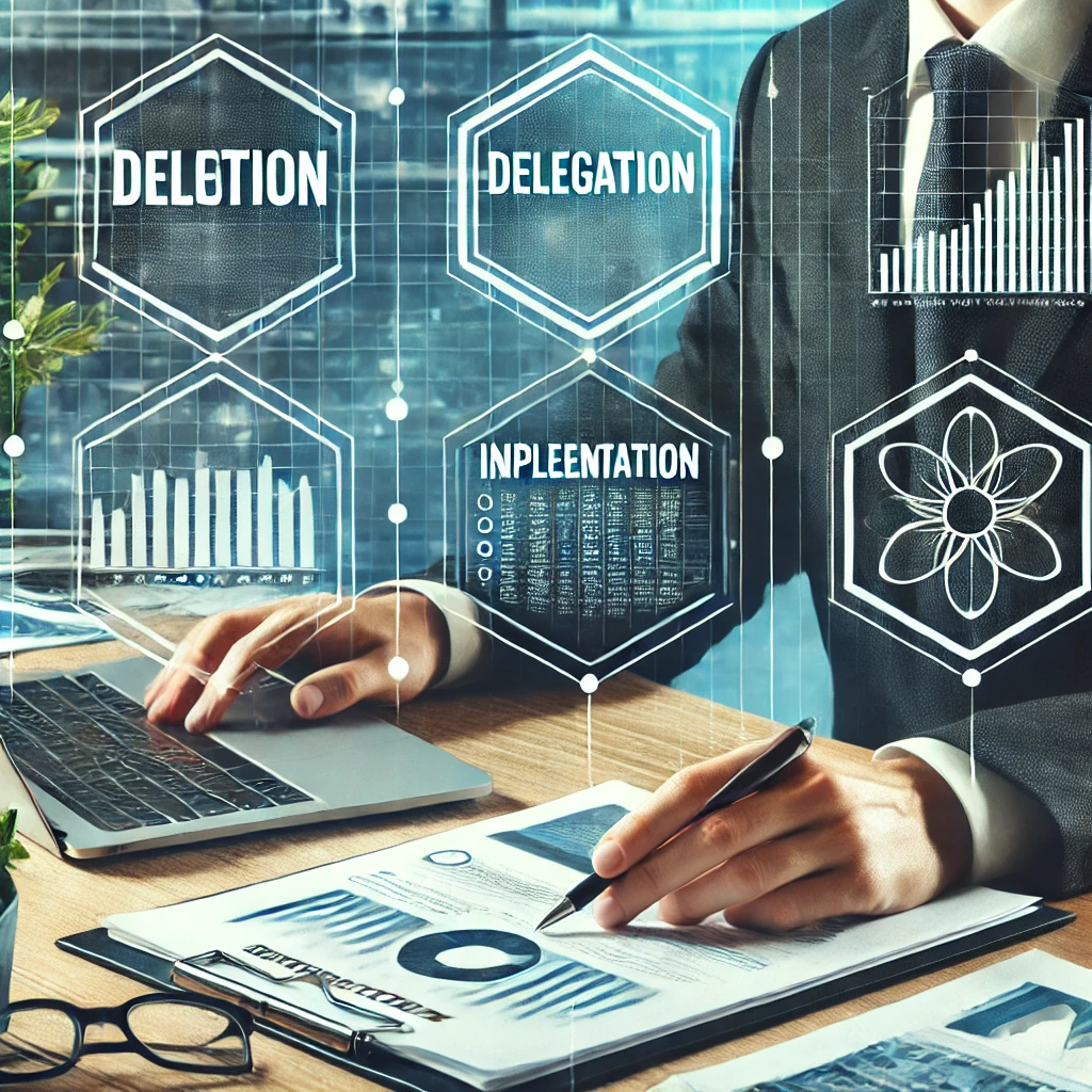 A modern office desk with financial documents, a laptop displaying graphs, and a checklist highlighting 'Deletion,' 'Delegation,' and 'Implementation,' symbolizing financial productivity and efficiency.
Financial productivity, efficiency, strategy, deletion, delegation, implementation, financial growth, business succes