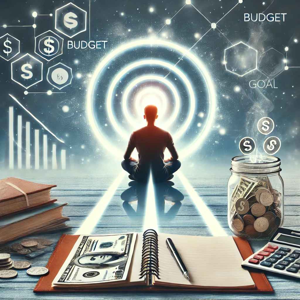 A focused individual surrounded by financial tools, including a calculator, budget sheet, and savings jar, with a glowing target symbolizing financial success.