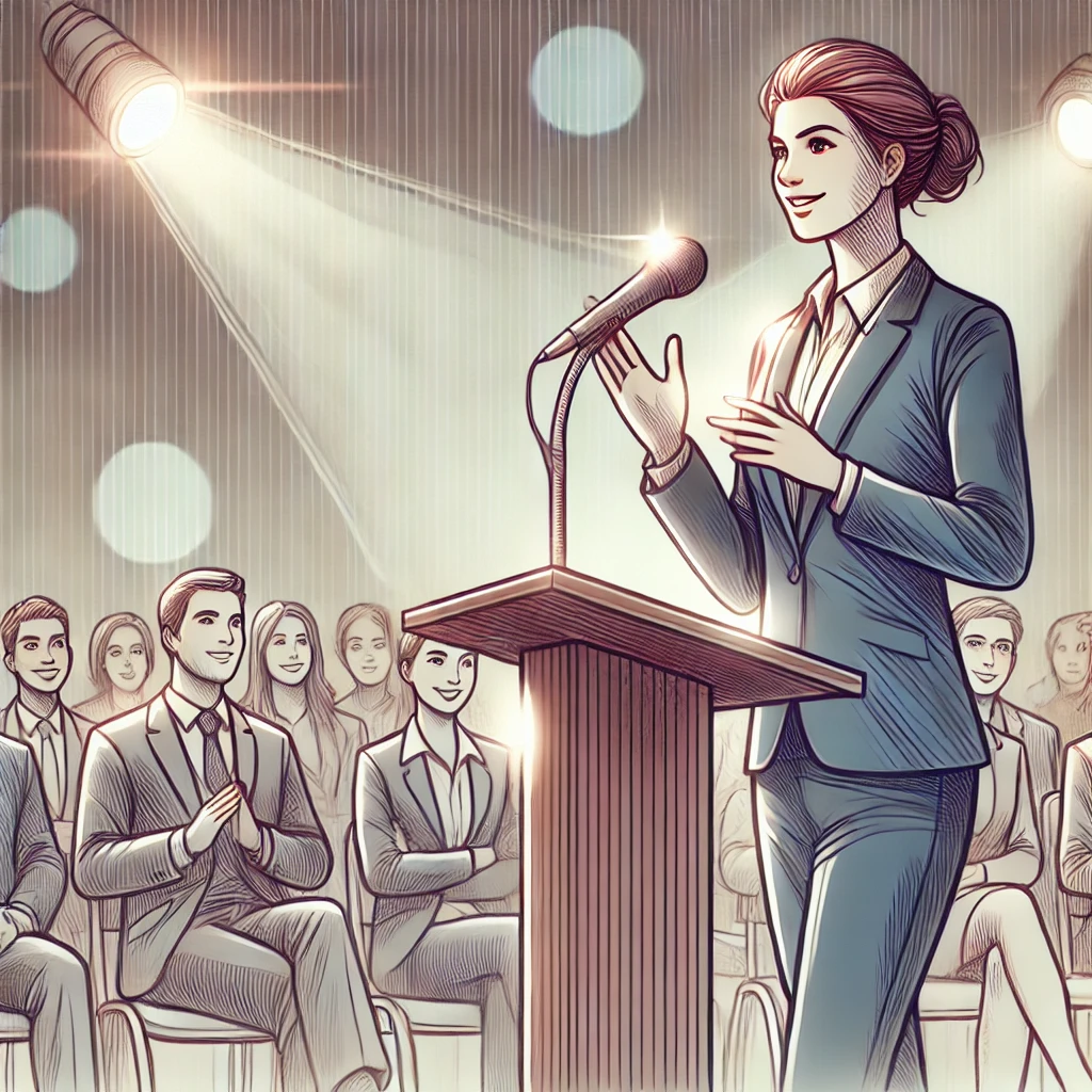 A confident public speaker delivering a speech at a podium, engaging a diverse audience with hand gestures and eye contact in a modern conference room setting.
