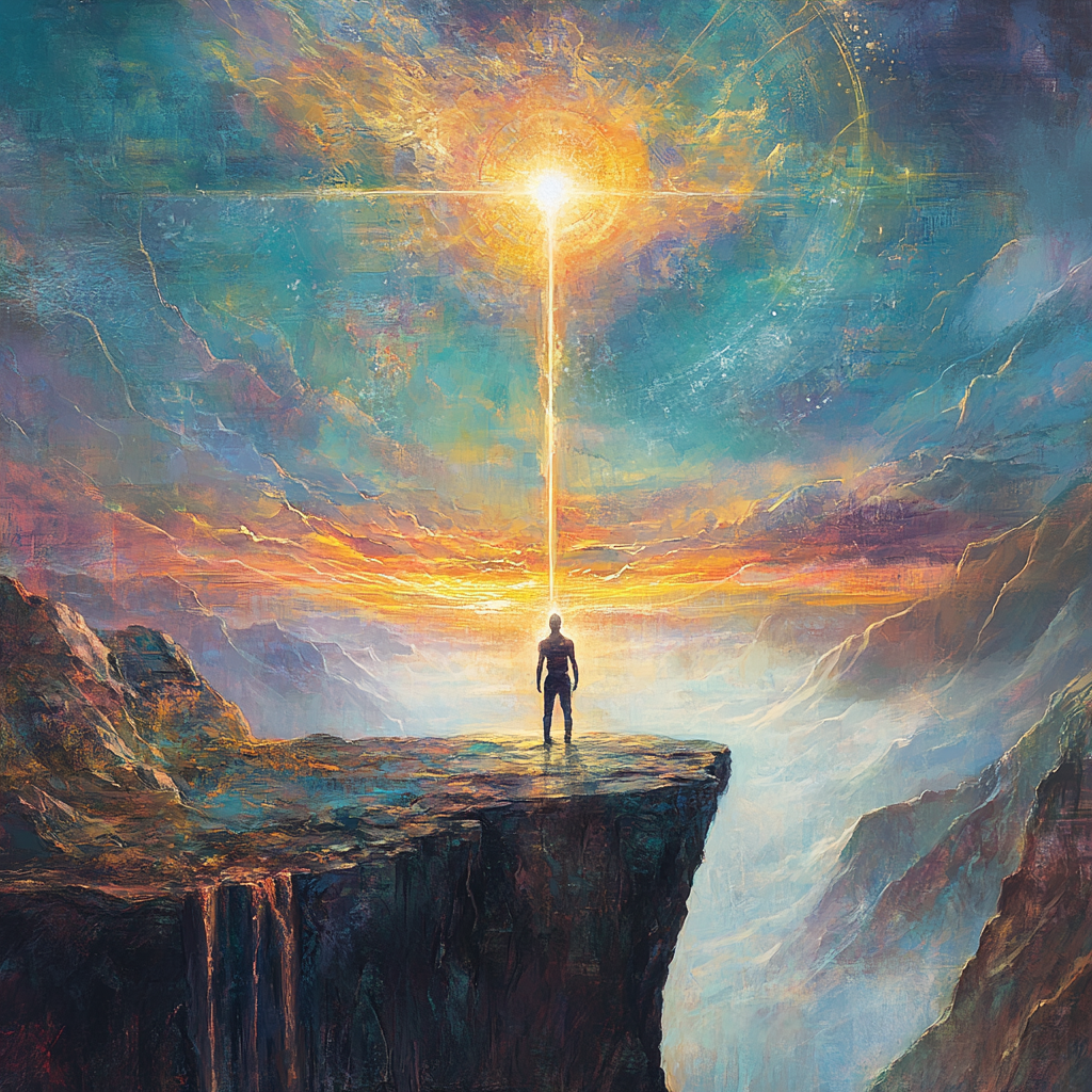 An individual standing at the edge of a cliff, with a glowing spiritual cord stretching from their chest towards a bright, ethereal horizon, symbolizing the quest for personal transformation and alignment with divine laws. Spiritual growth Reaching the greatest level Divine connection Personal transformation Ego transcendence Spiritual cord Self-awareness Consciousness expansion