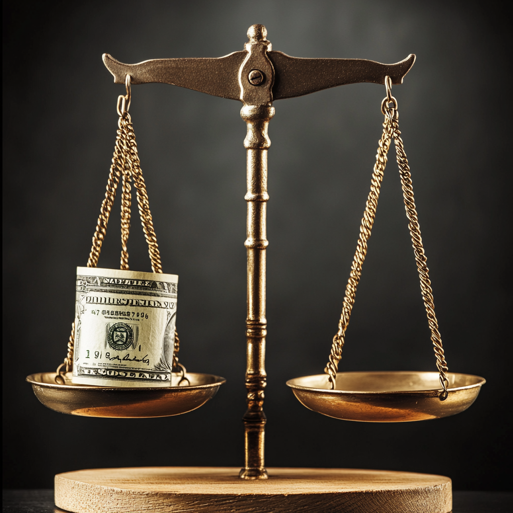 "A balancing scale representing the trade-off between short-term pleasures and long-term success, symbolizing the true meaning of sacrifice." Sacrifice, Success, Growth, Stability, Strategic Exchange, Discipline, Long-Term Vision, Investment, Personal Development, Fulfillment.
