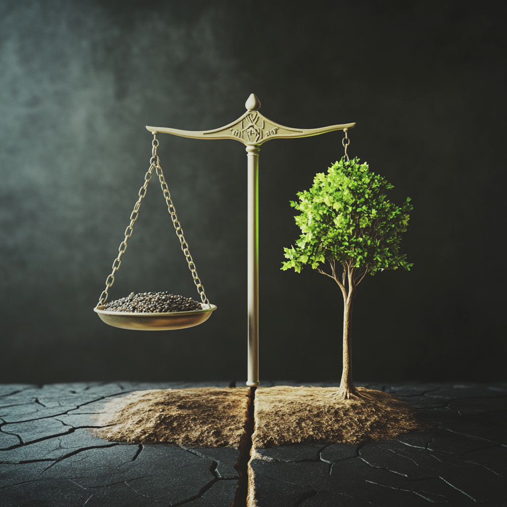 "A symbolic image of a tilting scale overloaded with work and stress, contrasting with a lighter side representing peace and balance." Life balance Chaos and order Emotional well-being Mental clarity Self-awareness Inner peace Work-life harmony Energy alignment