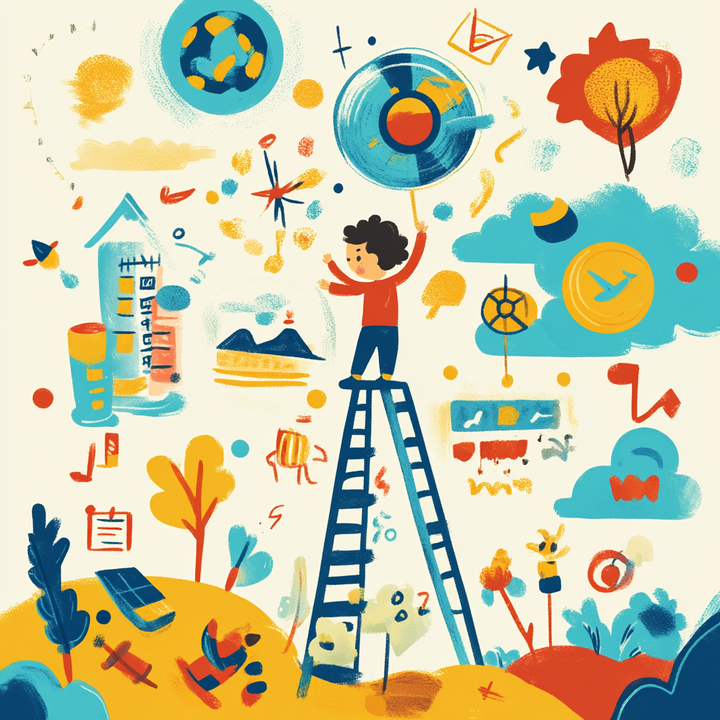 A child drawing their goals on a colorful chart with icons representing different aspirations like sports, education, and creativity. The scene conveys motivation and the power of visualization. goal-setting, children’s goals, motivation, creativity, positive mindset, family support, goal chart, growth, self-improvement, children development.
