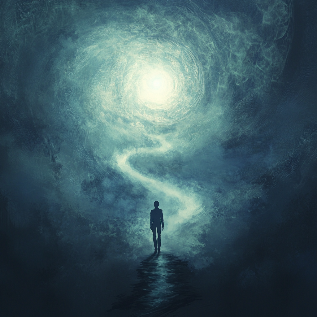 A solitary figure stands before an abstract void, with swirling patterns representing thoughts and ideas. The glowing path ahead symbolizes the journey to intellectual enlightenment and deep thinking. Deep thinking, intellectual journey, self-discovery, meditation, void, enlightenment, mental clarity, higher consciousness, self-reflection, philosophy.