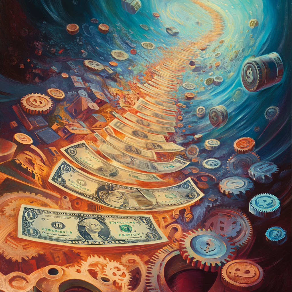 A visual representation of financial flow, showing money moving smoothly through gears, symbolizing how automated systems and smart financial strategies make money work for you. Financial flow, wealth generation, passive income, financial freedom, automated wealth, money working for you, compound interest, leverage, diversification, financial intelligence.
