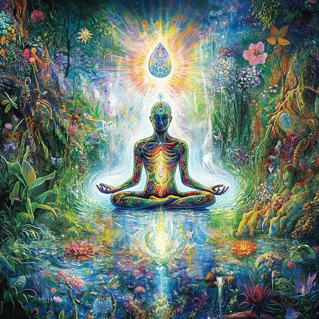 A person meditating in nature surrounded by symbols of breath, water, and light, representing the holistic approach to health that goes beyond the physical body. Health control, holistic health, divine connection, breath, water, emotional balance, spiritual healing, mind-body connection, wellnes