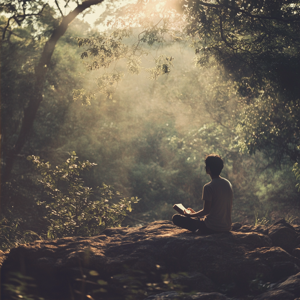 A person sitting alone in nature, meditating peacefully, symbolizing the power of solitude in personal growth and self-reflection. Solitude, personal growth, self-reflection, introspection, spiritual connection, mental clarity, emotional healing, personal development, inner peace.