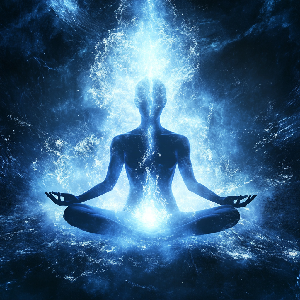 A person meditating, surrounded by glowing light, representing the activation of inner abilities and spiritual power through connection with the divine. Activating abilities, spiritual growth, divine connection, personal development, inner power, self-awareness, spiritual awakening, meditation, mindfulness, growth journey.