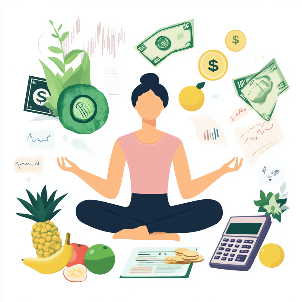 A person meditating, surrounded by symbols of health (fruits, water) and financial success (money, graphs), highlighting the connection between health and wealth. Health Intelligence, Financial Success, Mind-Body Connection, Wellness and Wealth, Financial Prosperity