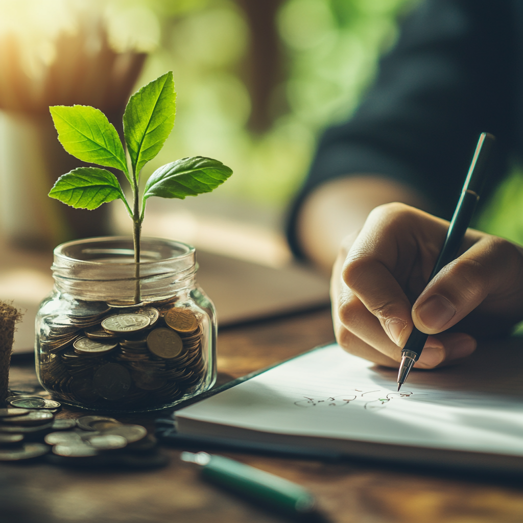 A person writing motivational financial questions on a notepad, symbolizing the correction of financial beliefs and unlocking prosperity. Financial guidance, correcting financial beliefs, unlocking prosperity, wealth mindset, motivational questions, financial freedom.