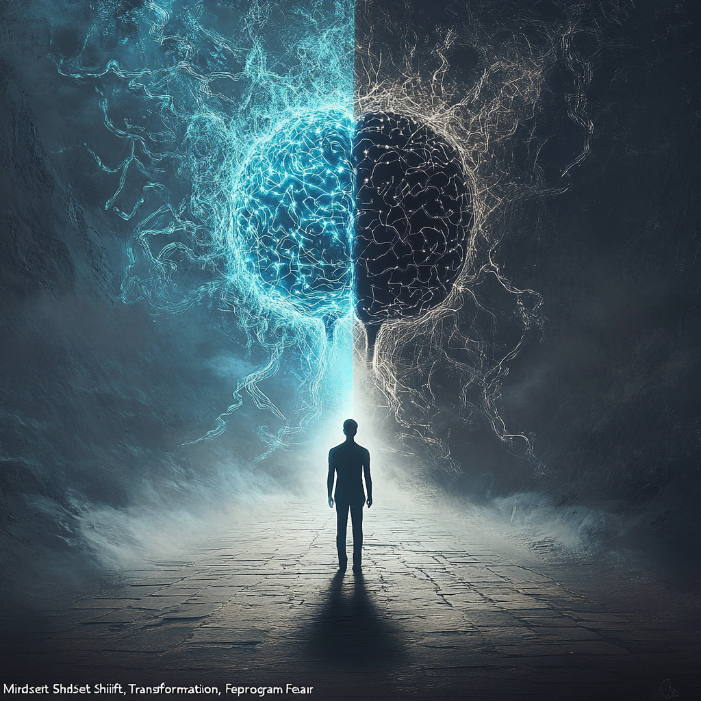 "A person at a crossroads choosing between fear and success, symbolizing life coaching and self-reprogramming for a better future." Life Coaching Reprogramming the Mind Personal Growth Goal Setting Overcoming Fear Transformational Coaching Mindset Shift Emotional Intelligence