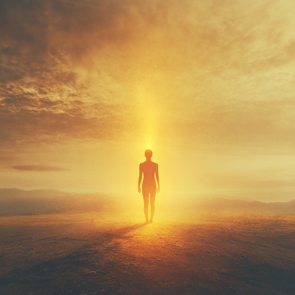 A figure standing in a tranquil natural landscape, bathed in light that follows them like their shadow, symbolizing the path of spiritual transcendence. Spiritual Transcendence: Turning Towards the Light and Letting It Follow You Like Your Shadow