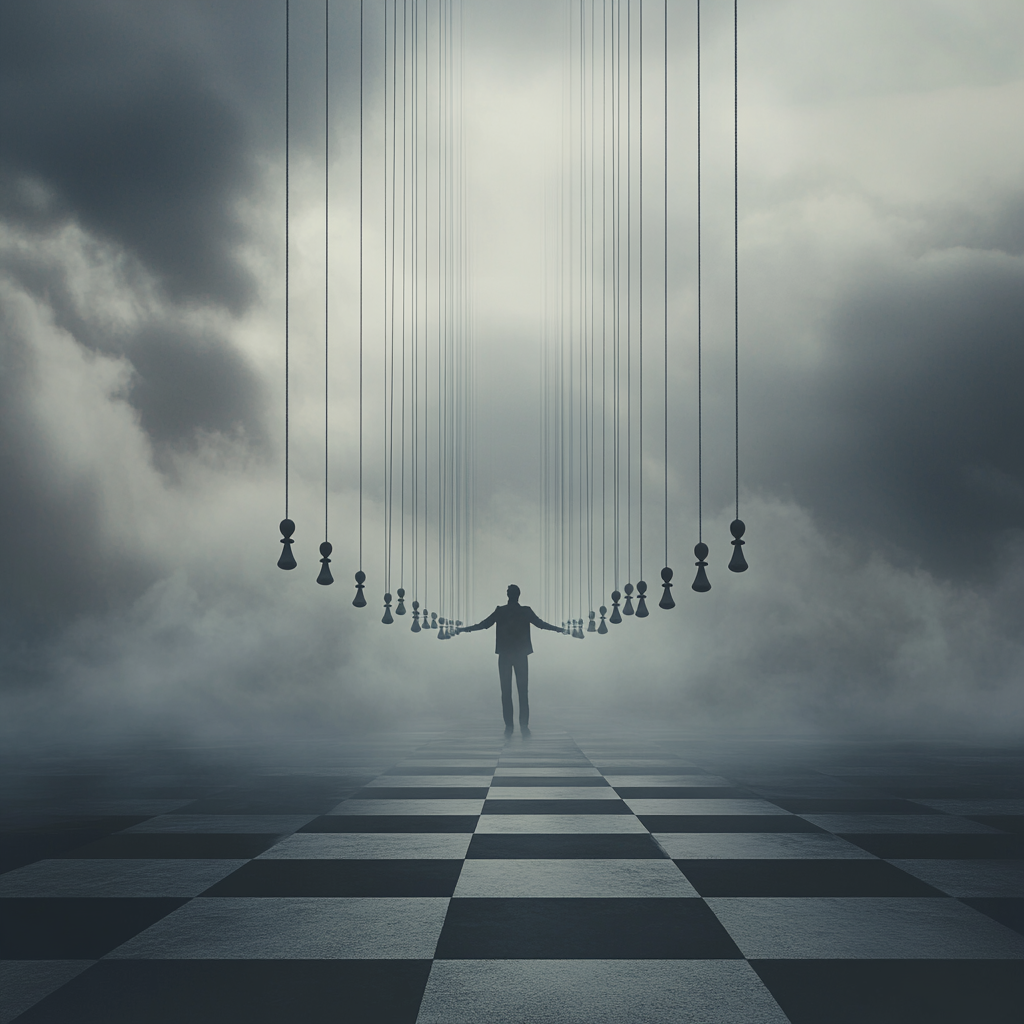 A person standing on an endless chessboard, holding fading puppet strings connected to the sky, representing the illusion of control over reality. Illusion of control, material knowledge, human limitation, surrender, wisdom, higher consciousness, spiritual awareness, self-discovery.