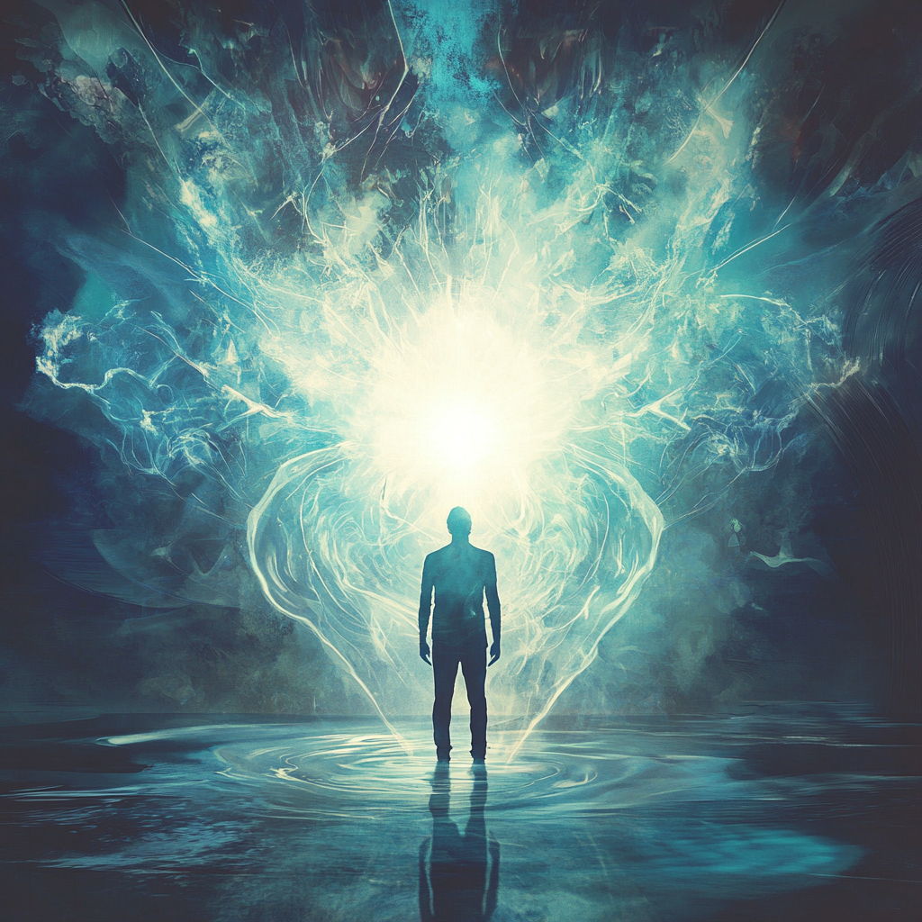 A professional standing in front of a radiant light, surrounded by water, energy waves, and ethereal spiritual symbols, symbolizing the balance between science and spirituality in achieving true professional control. Professional control, divine harnessing, energy, breath, spiritual alignment, leadership mastery, emotional intelligence, professional success