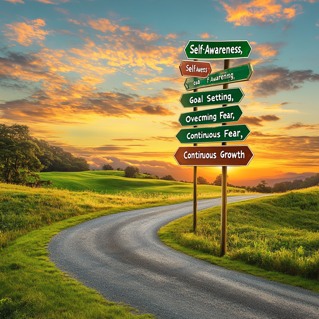 A winding road through a peaceful landscape with signposts representing different stages of personal development, symbolizing the journey of correcting beliefs and forming new habits. Personal development, self-awareness, habit formation, mindset, motivation, personal growth, goal setting, beliefs, transformation.