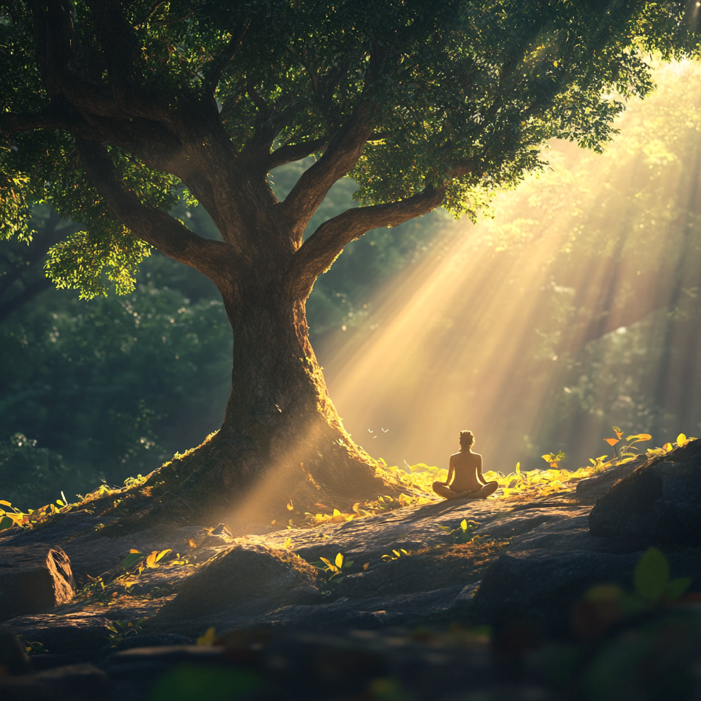 A person meditating under a tree in nature, symbolizing spiritual growth and the process of re-correcting spiritual beliefs through motivation and analytical reasoning. Spiritual Guidance, Re-Correcting Spiritual Beliefs, Motivation, Analytical Reasoning, Personal Growth, Self-Discovery