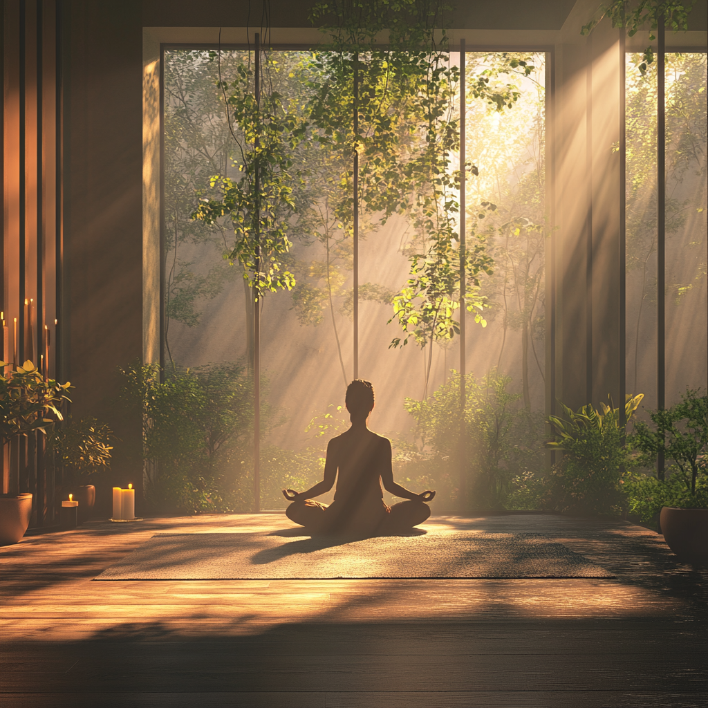 A person practicing meditation in a peaceful morning setting, surrounded by natural elements like plants and candles, promoting calm and relaxation for spiritual fullness. Spiritual fullness, morning spiritual exercises, meditation, mindfulness, calm, relaxation, inner peace, morning routine, spiritual practices, breathwork, gratitude.