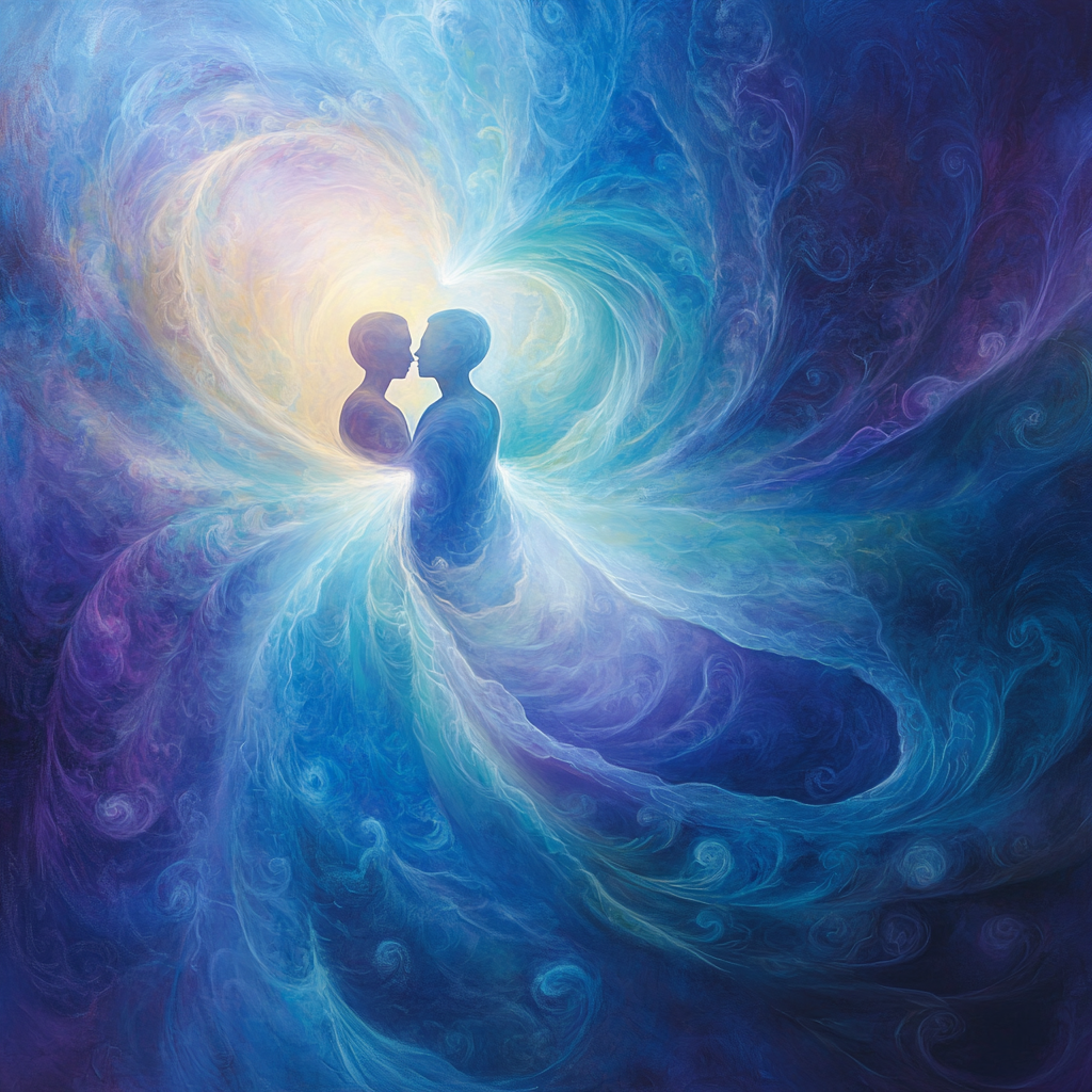 Two people in deep energetic synchronization, surrounded by flowing waves of energy representing emotional and spiritual connection. Flow, energy synchronization, relationships, emotional harmony, deep connection, vibrational alignment, interpersonal resonance, spiritual bond, mindful connection, relational flow.