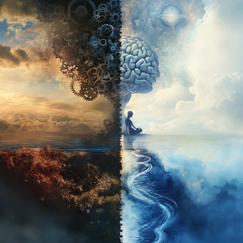 A harmonious blend of logic and spirituality, symbolizing the balance between knowledge and divine harnessing for personal control. Personal Control, Divine Harnessing, Spiritual Power, Mind-Body Harmony, Conscious Living