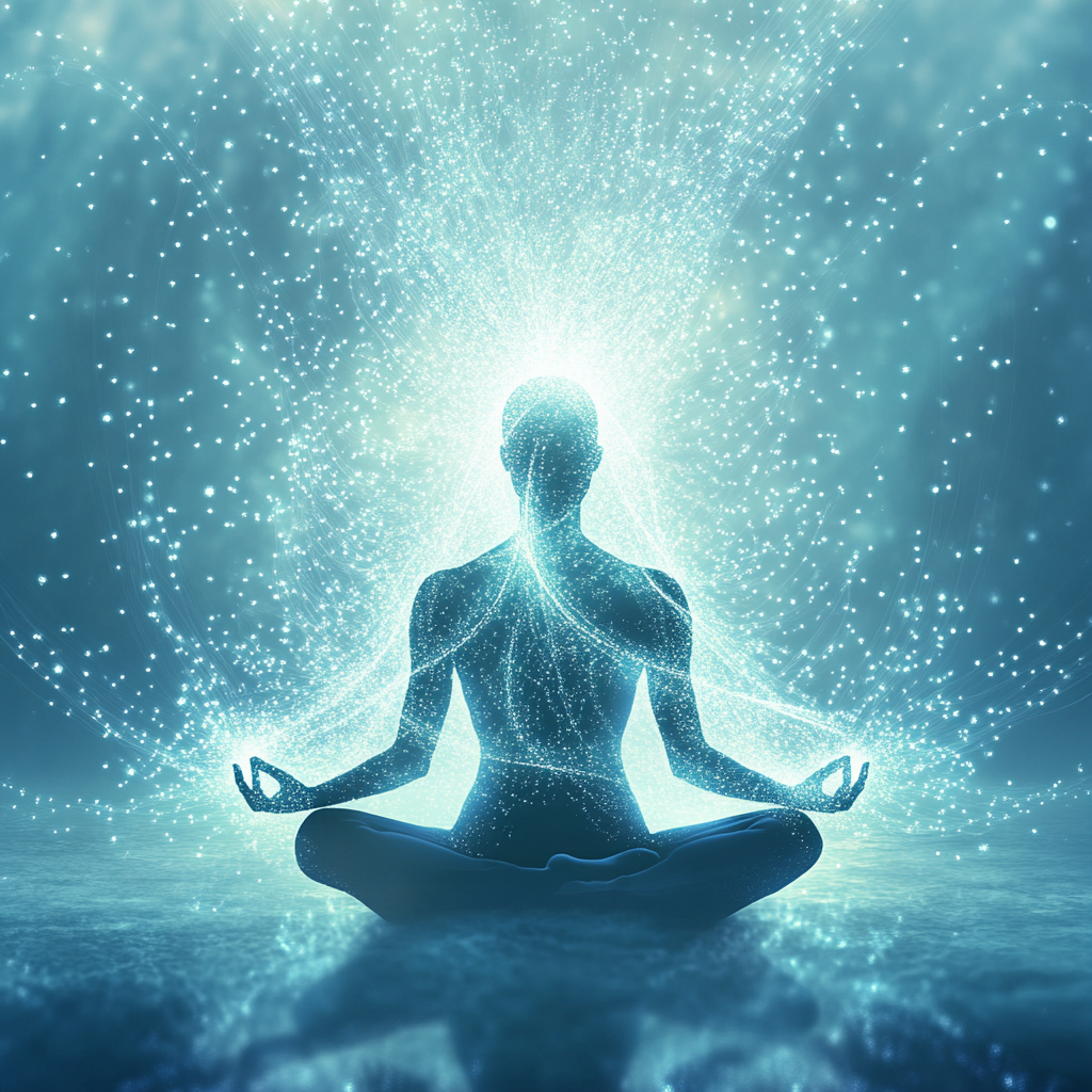 A person in a meditative pose, surrounded by glowing energy lines, symbolizing the release and flow of negative energy for better health and protection. Energy discharge, negative energy release, health, emotional well-being, protection, energy healing.