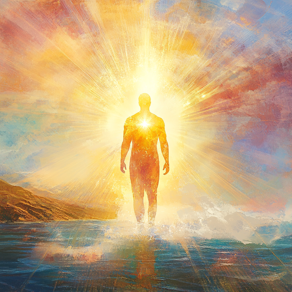 A luminous figure radiating peace and wisdom, symbolizing Satwa as the foundation of positive authority and spiritual lSatwa, positive authority, spiritual leadership, inner mastery, purity, wisdom, divine power, influence, balance, transformation.eadership.