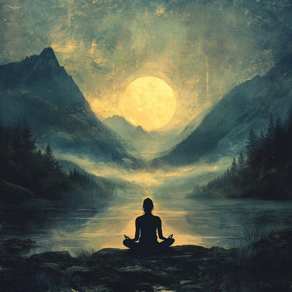 A person meditating in a peaceful natural setting, surrounded by a soft glow of light, symbolizing spiritual control, balance, and divine guidance. Spiritual control, intention, divine guidance, mindfulness, balance, personal growth, spiritual mastery, connection, inner peace, spiritual journey