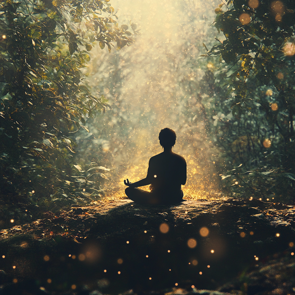 "Individual in a peaceful natural setting, meditating and symbolizing personal flow, self-discipline, and connection to deeper wisdom." Personal flow, self-discipline, connection to knowledge, meditation, inner peace, personal growth, alignment, wisdom, mindfulness, overcoming resistance.