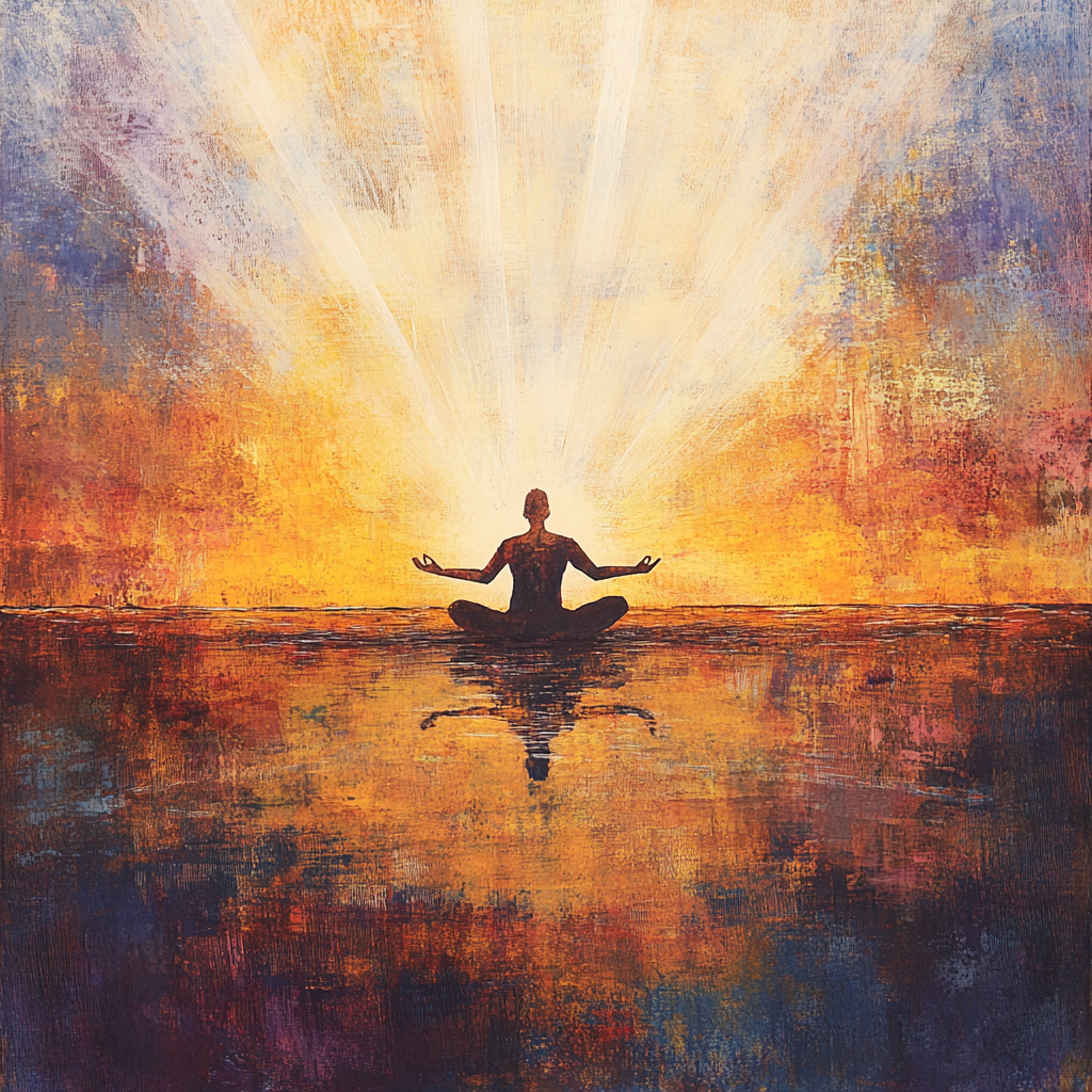 A person meditating at sunrise, symbolizing surrendering everything to God, embodying spiritual flow and divine alignment. Spiritual flow, surrender to God, mindfulness, divine alignment, inner peace, breath of life.