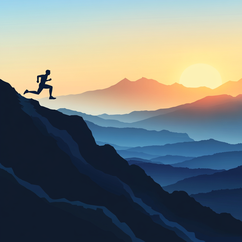 "A determined individual running uphill at sunrise, symbolizing the power of endurance in overcoming challenges and achieving success." Endurance, perseverance, resilience, success, mental strength, persistence, determination, personal growth, mindset, never give up.