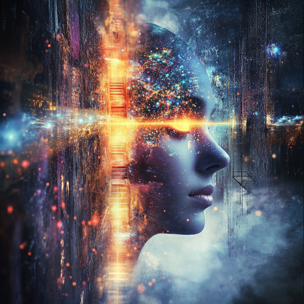 A person with their eyes closed, seeing glowing doors and paths of opportunity through their mind’s eye, symbolizing the hidden opportunities around them. Mind's Eye, Hidden Opportunities, Personal Growth, Perception, Intuition, Opportunity Recognition, Unlocking Potential, Self-Awareness