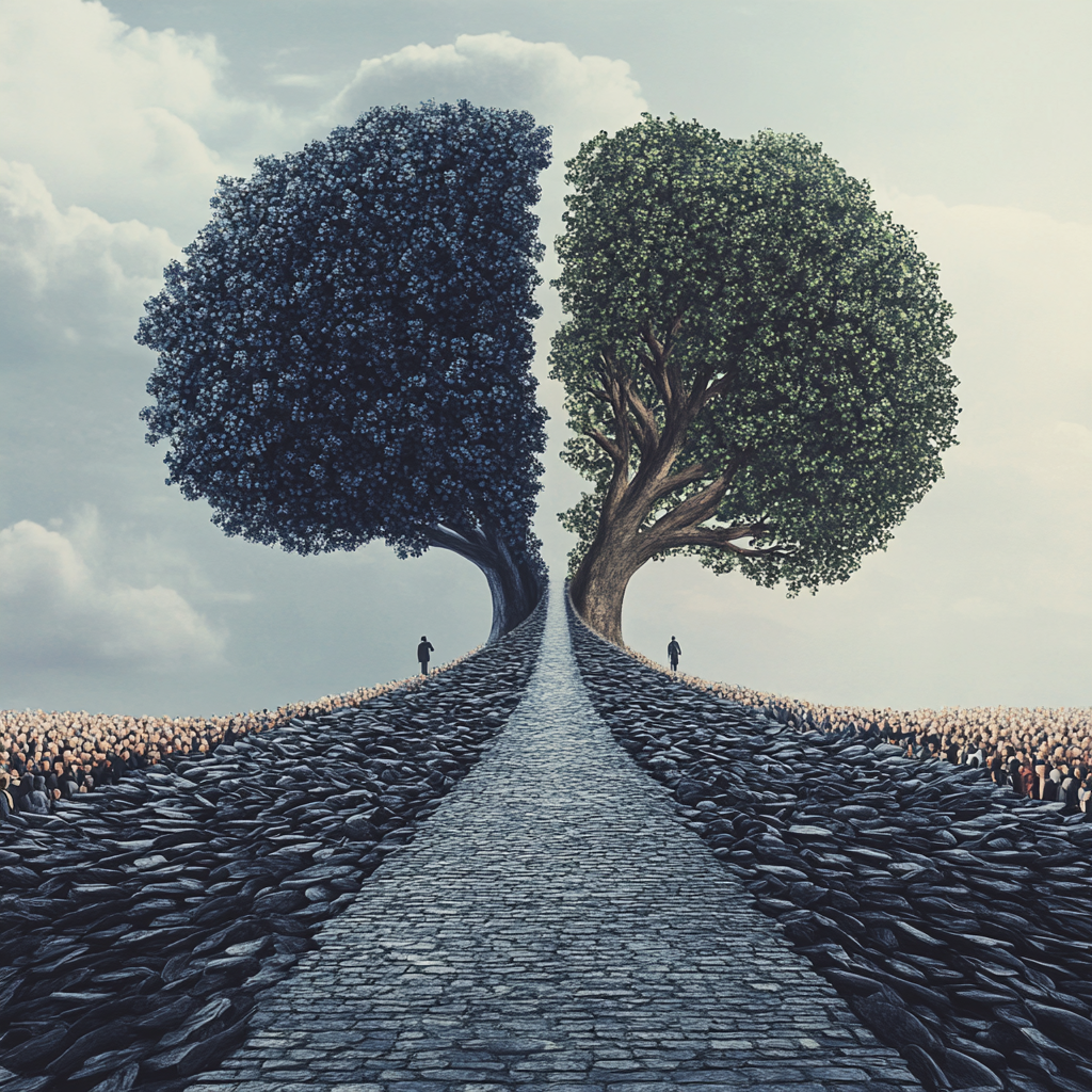 A visual representation of the dangers of unilateralism versus the benefits of pluralism—one side shows isolation and stagnation, while the other highlights collaboration and progress. Unilateralism, pluralism, diversity, open-mindedness, cooperation, progress, leadership, inclusion, collective wisdom, teamwork, innovation