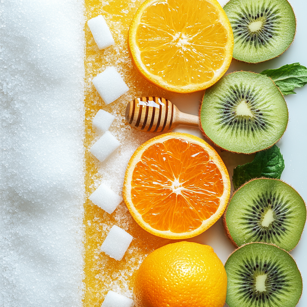 A visual comparison of white sugar and natural sugar alternatives like fruits, honey, and stevia, symbolizing a transition toward a healthier lifestyle. Breaking sugar addiction, sugar-free lifestyle, health, mindfulness, sugar alternatives A visual comparison of white sugar and natural sugar alternatives like fruits, honey, and stevia, symbolizing a transition toward a healthier lifestyle.