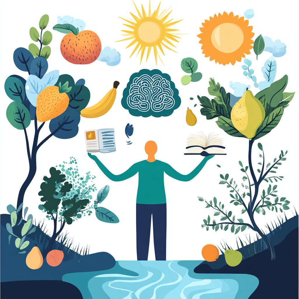 A person standing in a peaceful natural setting, holding symbols of health—fruits for nourishment, a brain for mental clarity, and a meditative posture for inner peace—illustrating the integration of mind, body, and spirit. Health guidance, healthy beliefs, mind-body-spirit alignment, empowerment, motivational questions, holistic health, mental clarity, positive mindset, well-being, healing