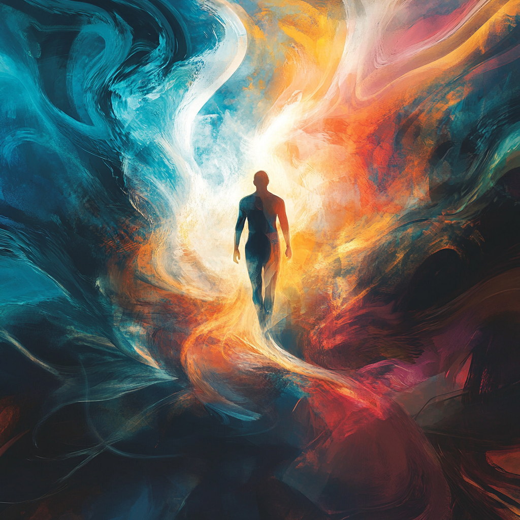 A person standing confidently with energy flowing from within, symbolizing the integration of shadow and light, representing the activation of shadow energy and personal transcendence. Activating Shadow Energy, Personal Transcendence, Shadow Work, Self-Discovery, Emotional Intelligence, Ego Dissolution