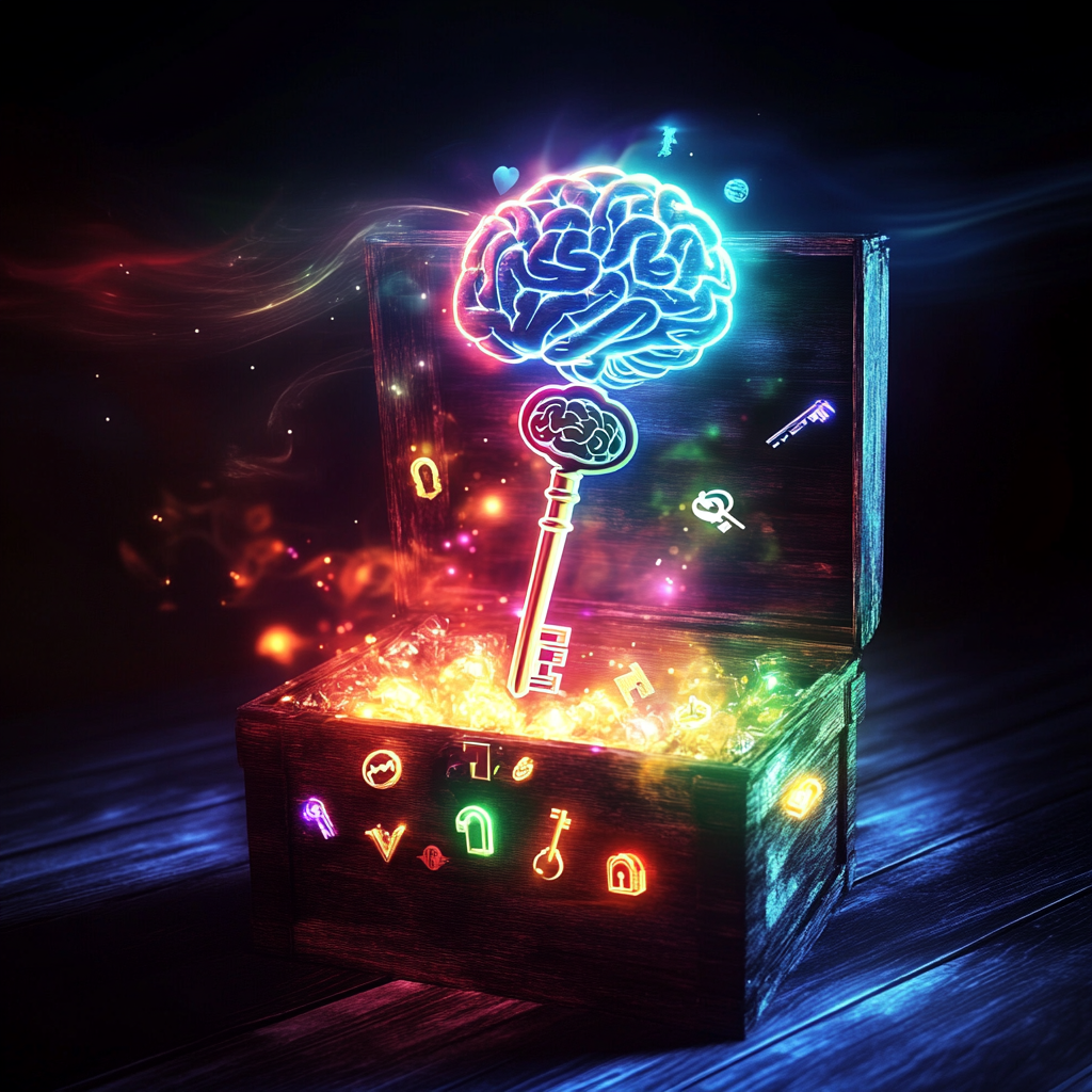 An image of a glowing treasure chest being unlocked by a key symbolizing the power of human needs driving financial success. Financial Success, Human Needs, Business Strategy, Maslow’s Hierarchy, Consumer Behavior, Dopamine, Emotional Attachment, Sustainability, Marketing, Trends, Scarcity, Business Growth