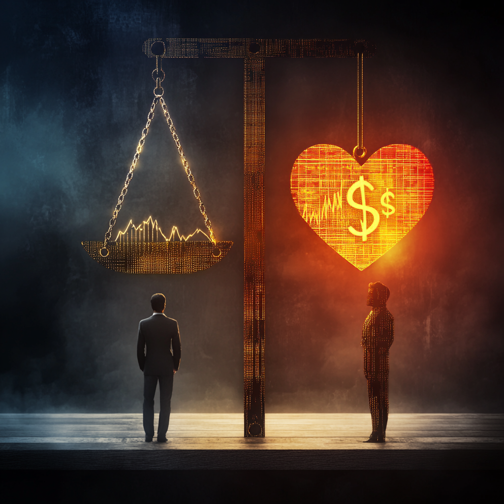 An individual balancing emotions and finances, representing the link between emotional mastery and financial success. Financial Intelligence, Emotional Mastery, Financial Success, Emotional Intelligence, Wealth Building, Mindful Finance, Emotional Control, Financial Mastery