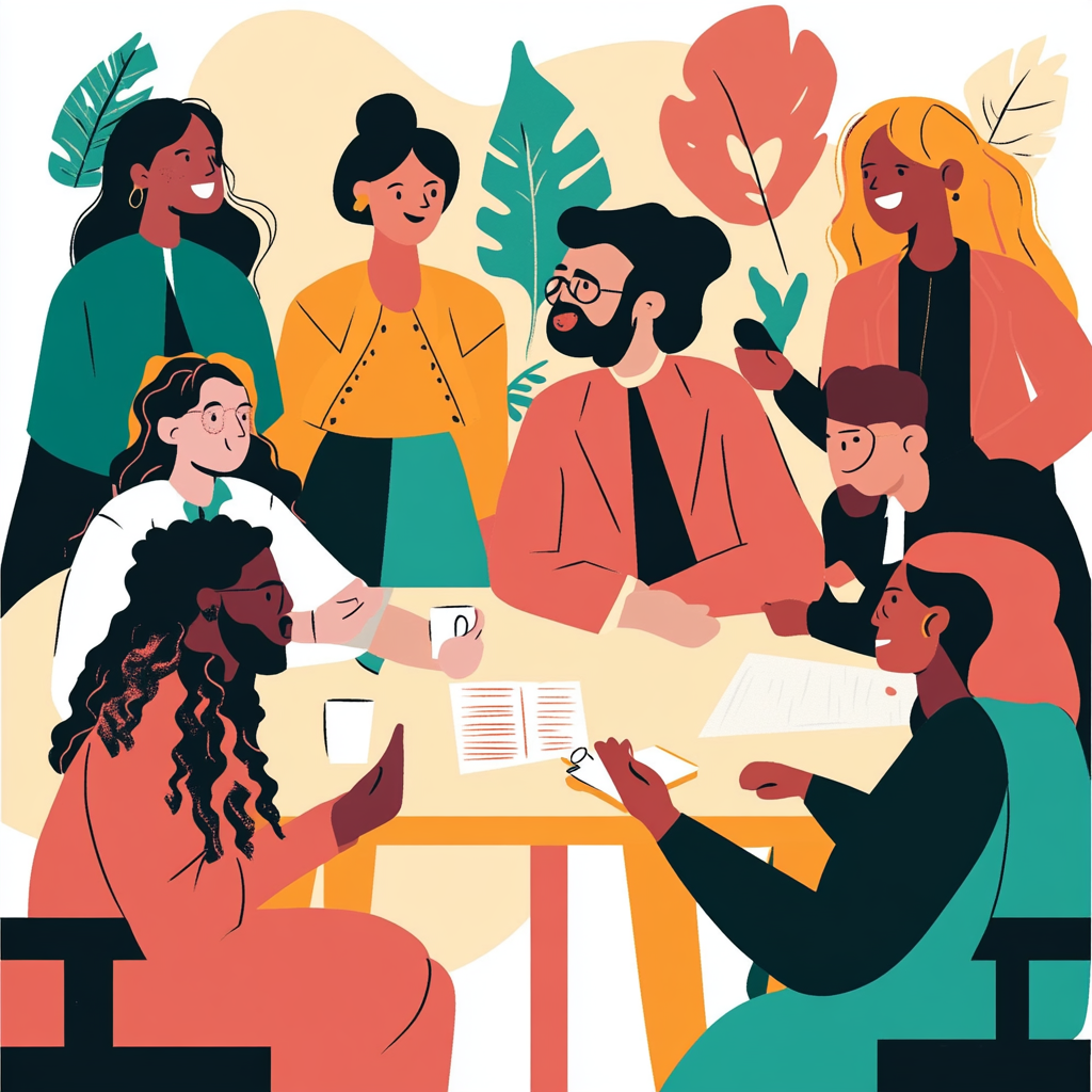 A diverse team of professionals in a meeting, collaborating effectively with trust and respect, demonstrating the power of professional intelligence in achieving success. Professional Intelligence, Team Harmony, Leadership, Success, Emotional Intelligence, Collaboration, Diversity in the Workplace, Trust, Respect