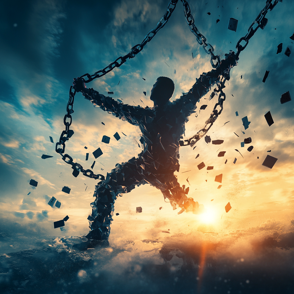 A person breaking free from chains with a determined expression, symbolizing the freedom from procrastination and the journey toward achieving professional goals. Procrastination, Overcoming Delay, Professional Goals, Self-Improvement, Productivity