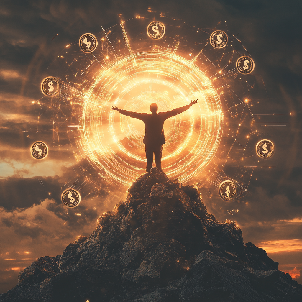 A person standing on a mountain with arms outstretched, surrounded by symbols of money and light, symbolizing financial supremacy, abundance, and the power of unlimited giving. Financial Supremacy, Unlimited Giving, Abundant Attraction, Wealth Creation, Abundance Mindset, Inspired Action, Financial Freedom, Prosperity