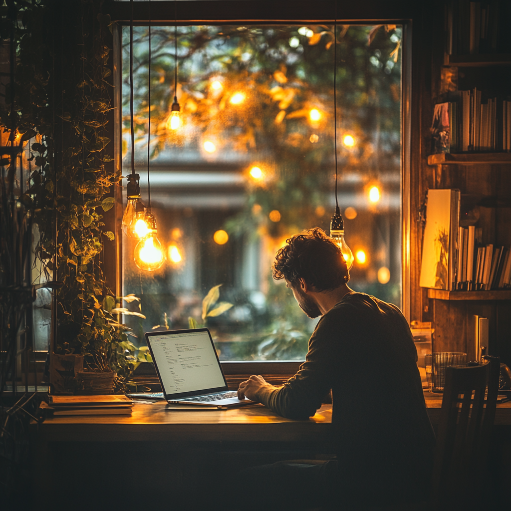 A person working silently at a desk, focused on their goals, embodying professional excellence without seeking attention. The calm environment reflects dedication and commitment to continuous growth. Professional Excellence, Silent Success, Achieving Goals, Focus, Consistency, Emotional Control, Humility, Success Without Attention
